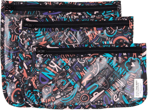Bumkins Travel Bag, Toiletry, TSA Approved Pouch, Zip Bag, Quart Size Airline Compliant, Clear-Sided, Baby, Diaper Bag Organization, Accessories, Packing, Set of 3 Sizes, Born This Way Kindness