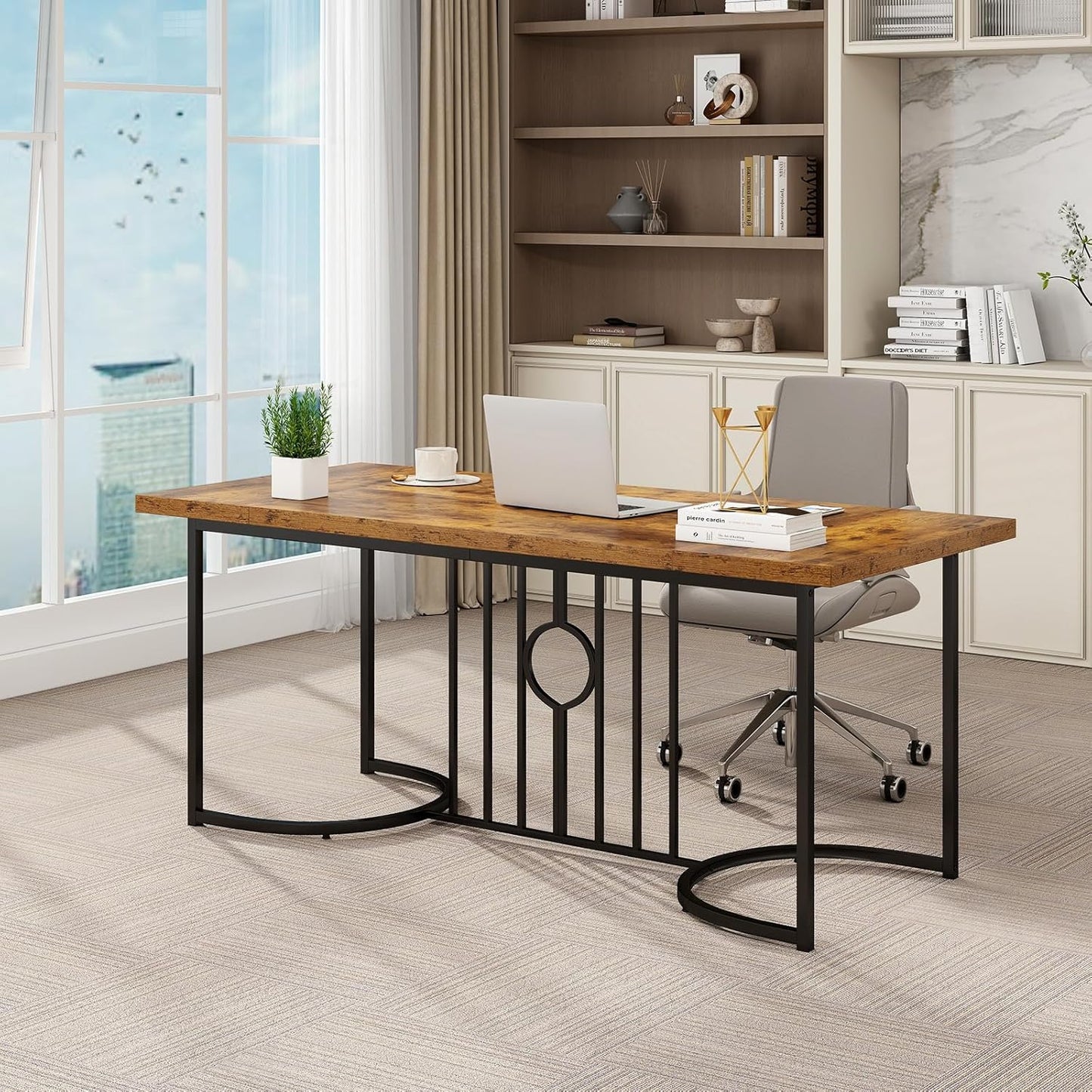 Giantex 180 cm Large Dining Table for 6-8 People, Farmhouse Rectangular Wood Kitchen Table w/Wooden Tabletop, Metal Frame, Industrial Rustic Brown Long Table for Home Office Dining Room, Load 135 KG