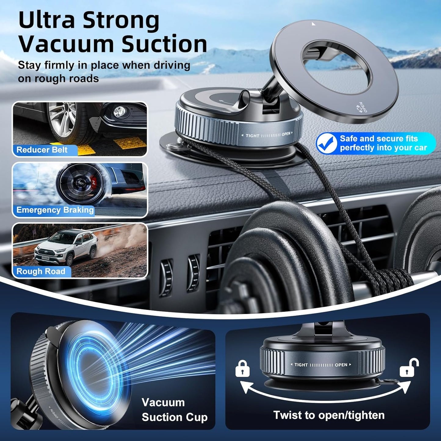 FONKEN Magnetic Phone Holder for Car, 360°Adjustable Vacuum Magnetic Phone Holder Hands-Free Suction Cup Phone Mount Foldable Vacuum Phone Stand for All Phones & Car/Gym/Mirror/Shower/Smooth Surface