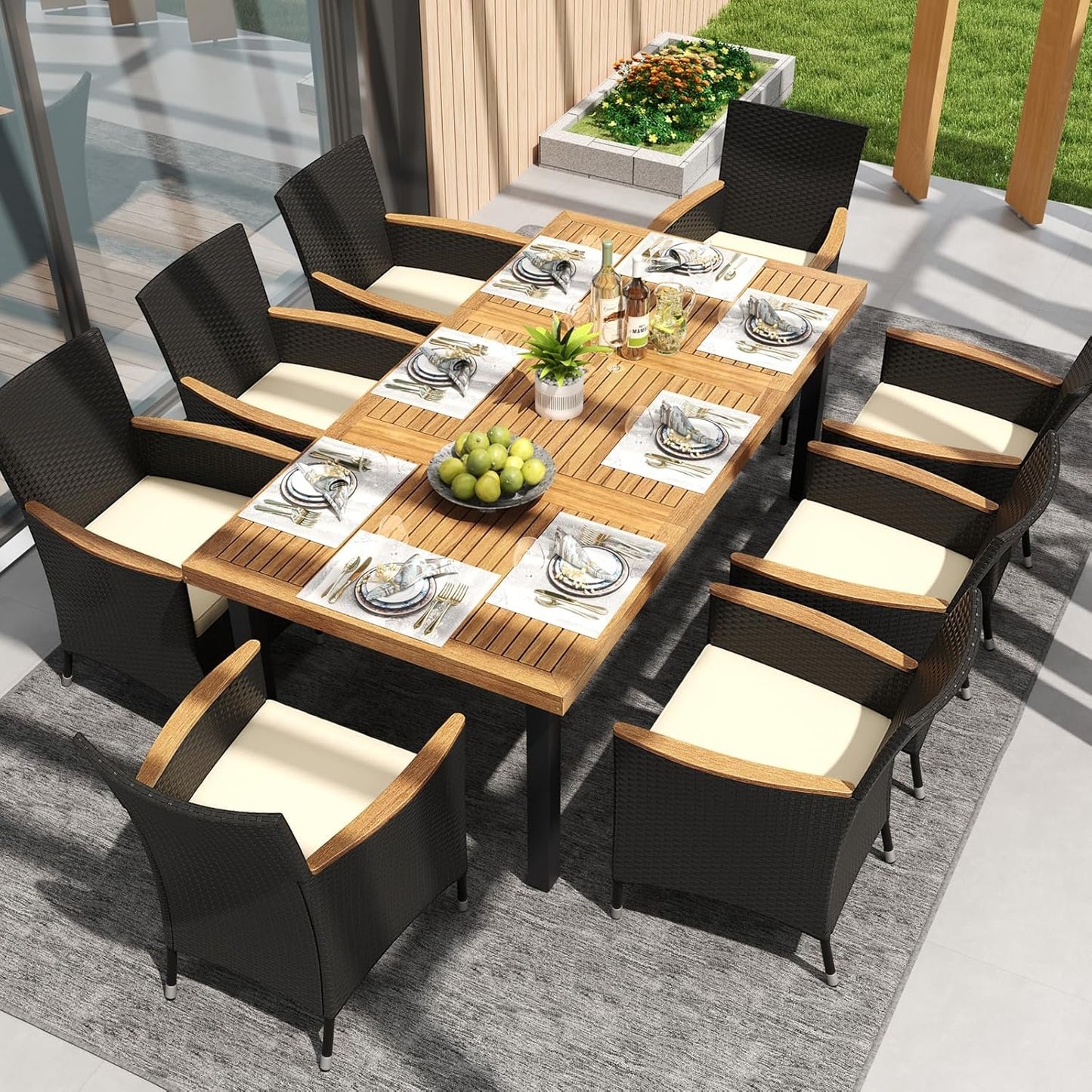 HAPPYGRILL Patio Dining Table for 8, 79" Large Rectangle Table with Acacia Wood Tabletop & Heavy Duty Metal Legs, Outdoor Dining Table with 2" Umbrella Hole for Backyard, Lawn & Garden