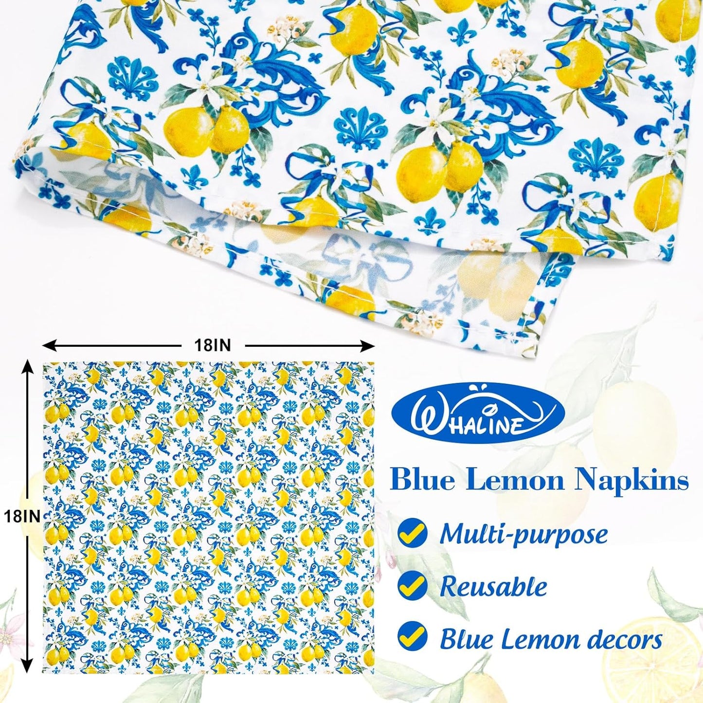 Whaline Lemon Cloth Napkin Italian Lemon Blue Tiles Reusable Dinner Napkin 18 x 18 Inch Kitchen Table Top Collection for Party Dining Table Decor, Set of 4