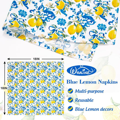 Whaline Lemon Cloth Napkin Italian Lemon Blue Tiles Reusable Dinner Napkin 18 x 18 Inch Kitchen Table Top Collection for Party Dining Table Decor, Set of 4