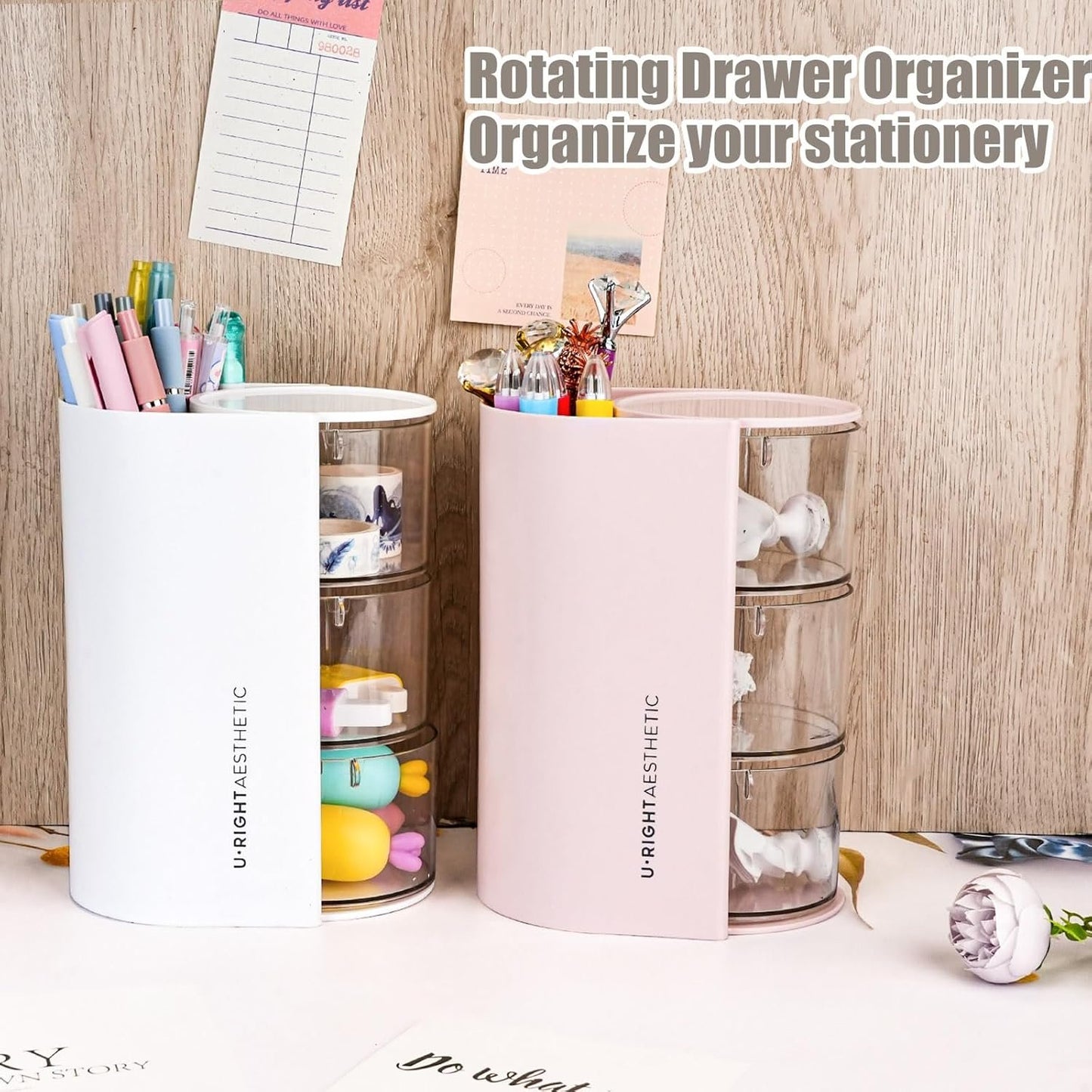 WCHOSOZH 3-Tier Clear Hair Accessories Organizer with Hair Brushes Holder, Rotatable Drawer Makeup Sponge Holder Desktop Organizer Case for Makeup Brushes,Lipsticks,Q-tip,Stationeries (White)