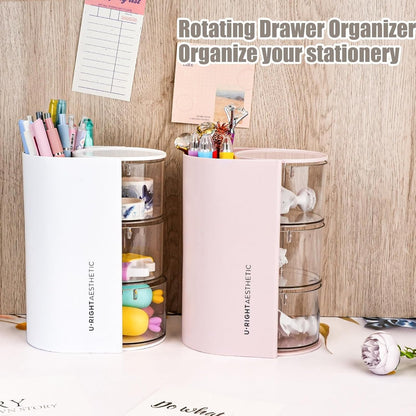 WCHOSOZH 3-Tier Clear Hair Accessories Organizer with Hair Brushes Holder, Rotatable Drawer Makeup Sponge Holder Desktop Organizer Case for Makeup Brushes,Lipsticks,Q-tip,Stationeries (White)