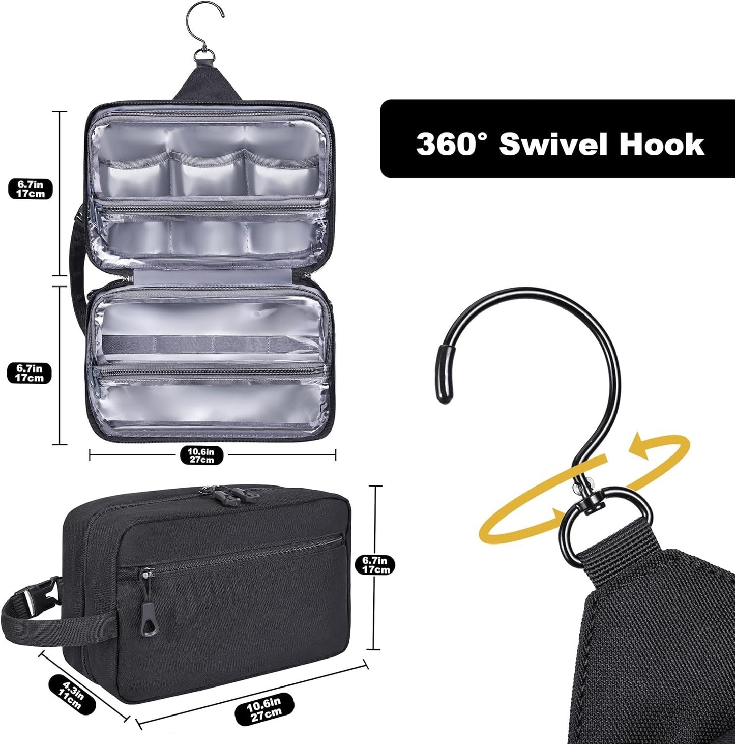 HILOMON Toiletry Bag for Men, YKK Zippers Hanging Bathroom Shower Hygiene Bag with Metal XXL Swivel Hook, Big Comparment, Waterproof for Travel Accessories