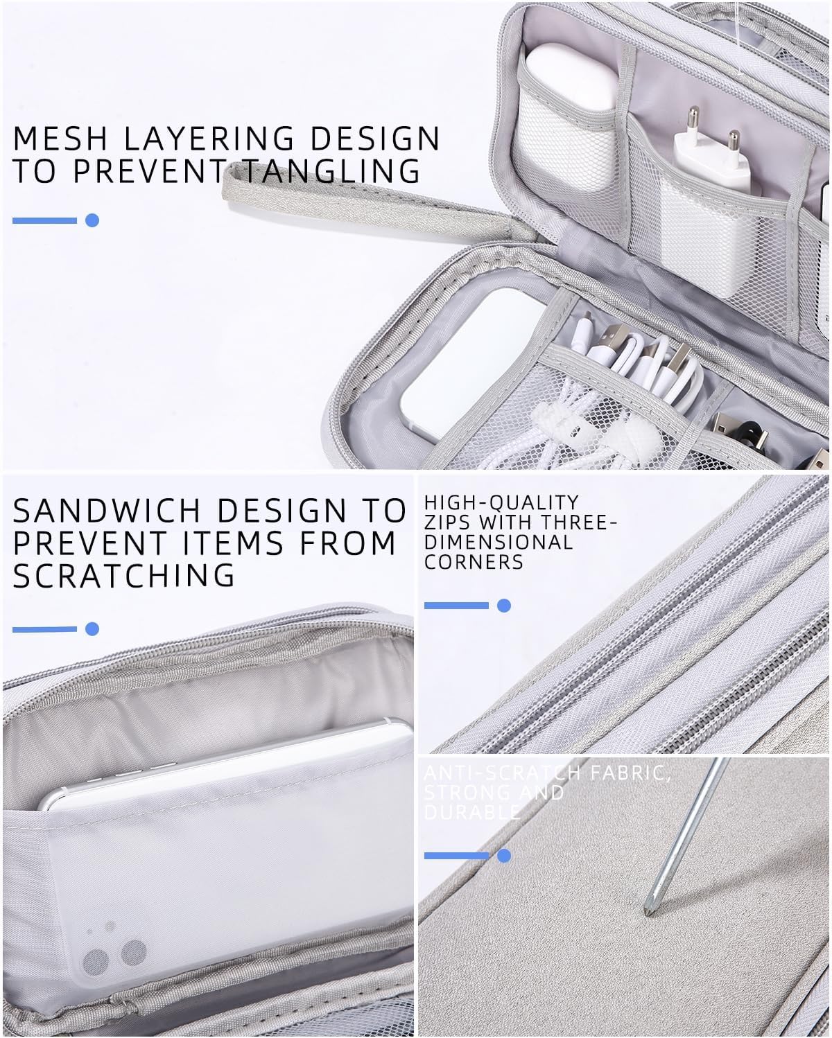 SOBEAU Bag for Cables, Electronic Cable Organizer Travel, Accessories Bag, Universal Bag Organizer Portable Cables for USB, SD Cards, Chargers, Hard Disks, Grey, grey, Paquete variado, Elegant