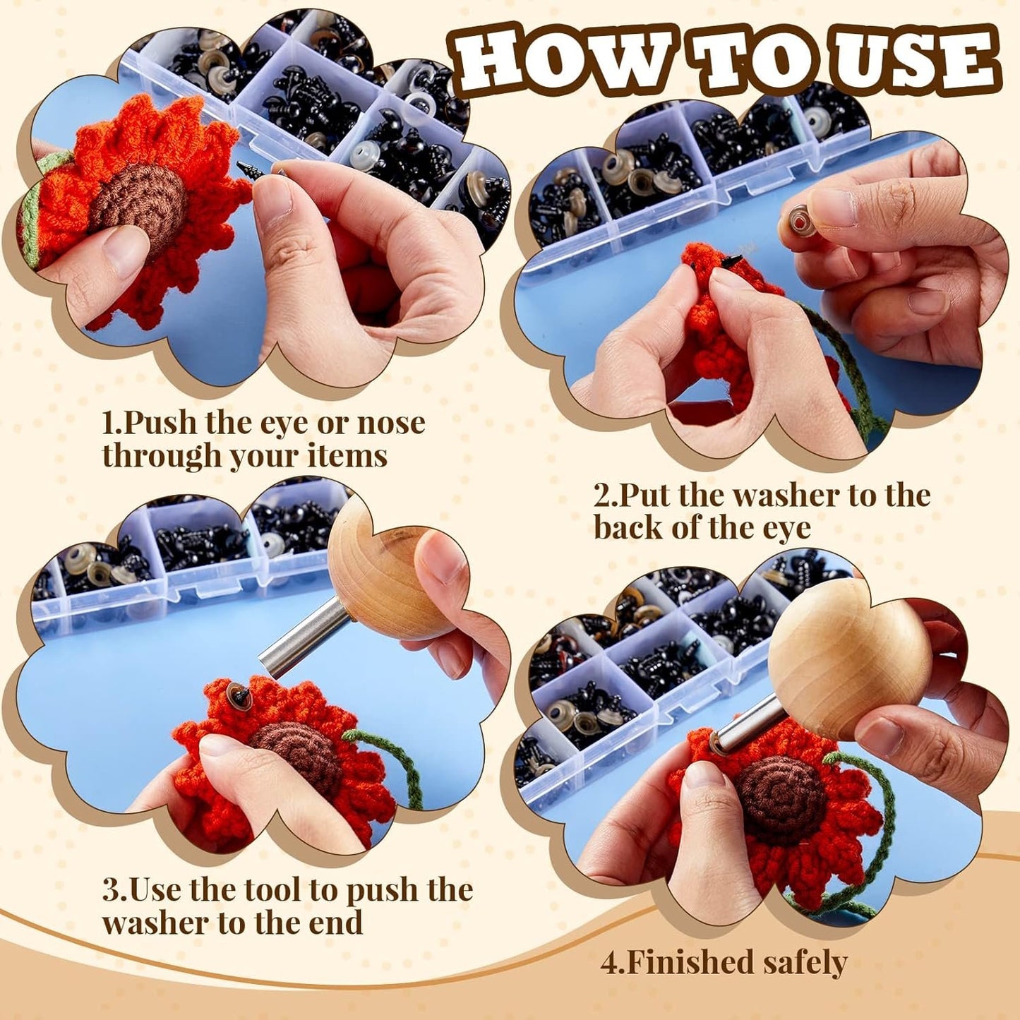 Amylove 3 Pcs Safety Eye Tool Auxiliary Tool for Attaching Safety Eyes for Crocheting Crochet DIY Stuffed Animal Install Doll Making Supplies Craft, 3 Size