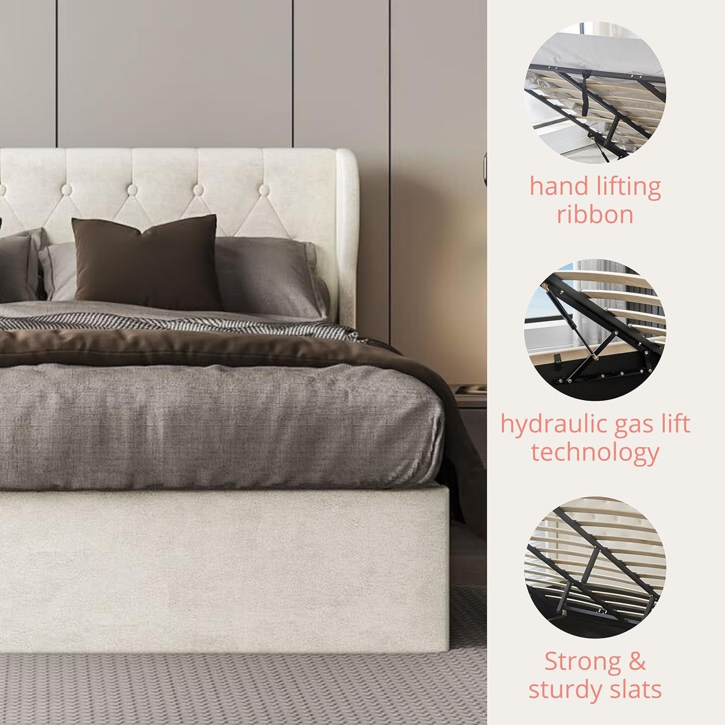 Brittany Velvet Queen Bed Frame with Storage, Metal Bed Frame Queen Size with Headboard & Hydraulic Storage, Modern Wingback Design