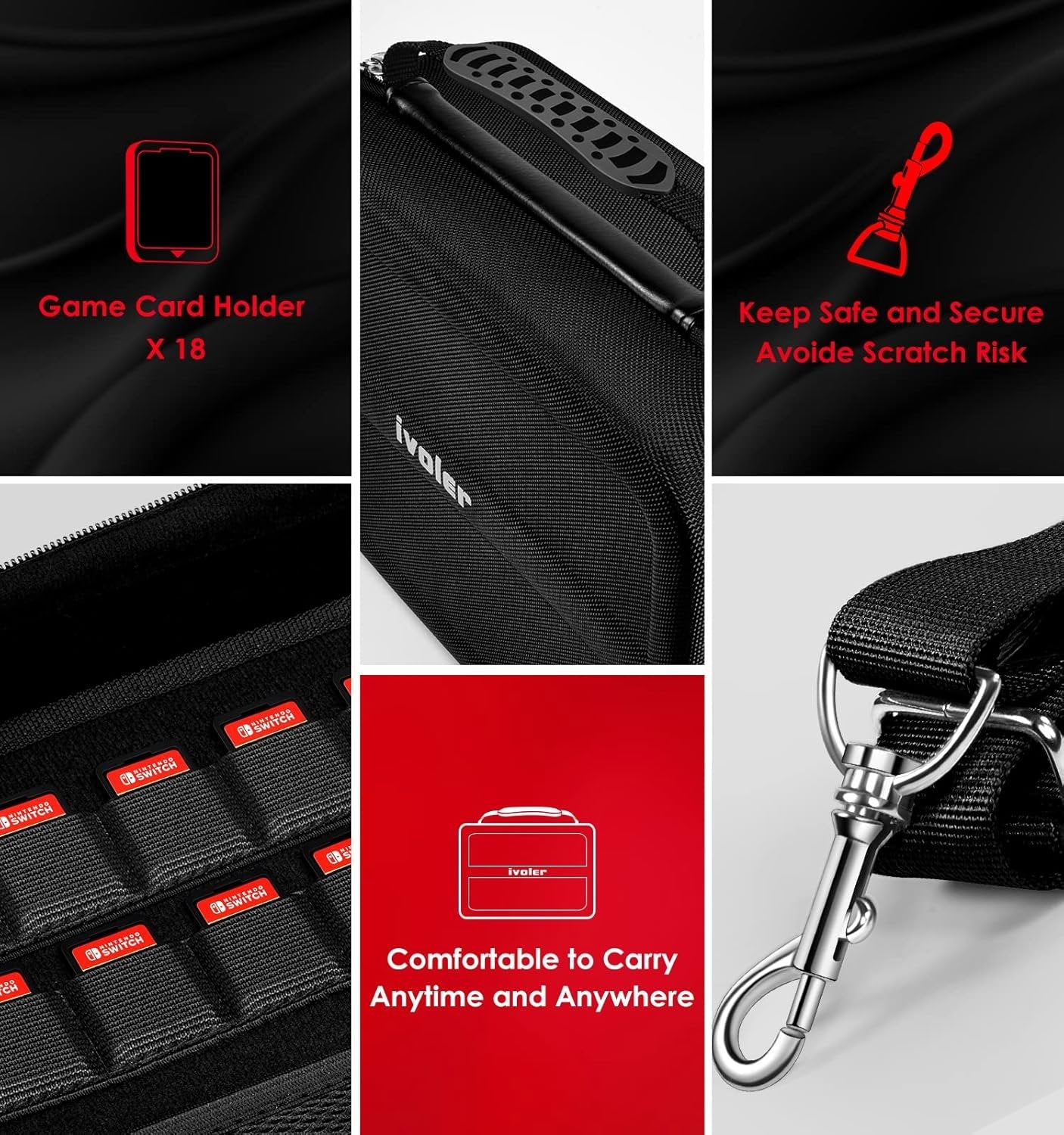 iVoler Carrying Storage Case for Nintendo Switch/Switch OLED Model (2021), Portable Travel Protective Hard Messenger Bag Soft Lining 18 Games for Switch Console Pro Controller & Accessories (Black)