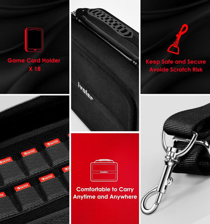 iVoler Carrying Storage Case for Nintendo Switch/Switch OLED Model (2021), Portable Travel Protective Hard Messenger Bag Soft Lining 18 Games for Switch Console Pro Controller & Accessories (Black)