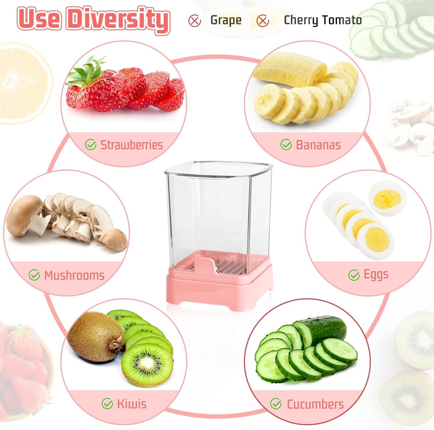 Fruit & Veggie Slicer Cup - Removable Blades & Food Push Plate - Strawberry, Banana, Egg & Grape Cutter - Safe & Portable Kitchen Slicing Tool for Easy Food Prep (Pink)