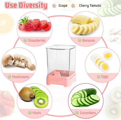Fruit & Veggie Slicer Cup - Removable Blades & Food Push Plate - Strawberry, Banana, Egg & Grape Cutter - Safe & Portable Kitchen Slicing Tool for Easy Food Prep (Pink)