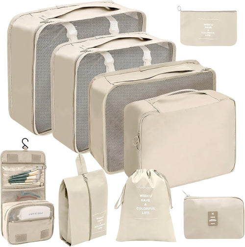 9 Pieces Organizer Suitcase Space-Saving Organizers, Travel Organizers, Packing Cubes, Travel Set Useful Accessories Organizer for Holidays, Travel and Home Garment Storage(Beige)