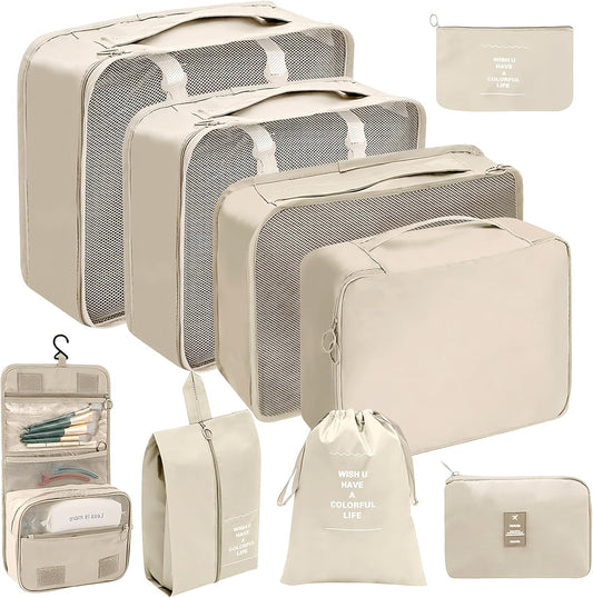 9 Pieces Organizer Suitcase Space-Saving Organizers, Travel Organizers, Packing Cubes, Travel Set Useful Accessories Organizer for Holidays, Travel and Home Garment Storage(Beige)