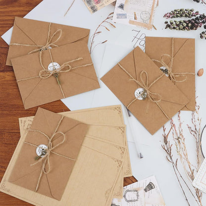 OFNMY 5 Sets of Vintage Stationary Paper + Envelopes, Writing Stationery Paper Letter Set - 20 Sheets of Vintage Letter Papers, 10 envelopes, 10 Hemp Ropes, 10 Classic Key, 10 Sealing Stickers