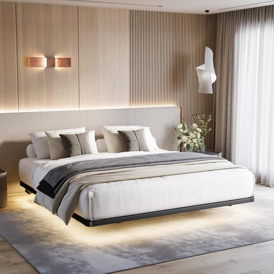 Goltriever Full Size Bed Frame with LED Lights Type-C & USB Charging Station, Floating Bed Frame Full Metal Platform, No Box Spring Needed, Heavy Duty, Noise Free