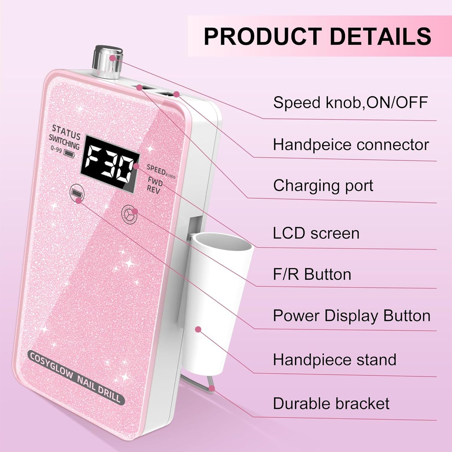 Professional Electric Nail Drill File:COSYGLOW Glitter Portable Cordless E-File Nail Drill Kit with 11 Drill Bits,30000 RPM Rechargeable Nail Drills Machine for Acrylic Nails Gel Polishing(Pink)