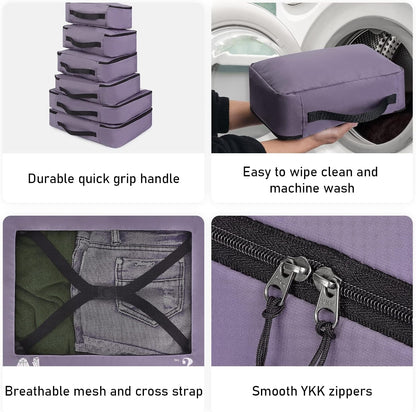 ECOHUB Organizer Suitcases 7 Pieces Packing Cubes Kit Travel Kit Environmentally Friendly PET Travel Accessories Organizer Space-Saving Travel Shoe Holder Organizer Backpack (Purple)