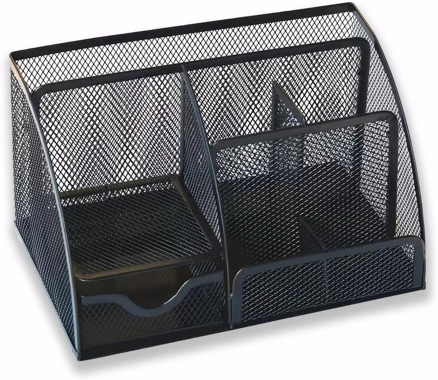 Desk Organizer with Drawer and Compartments, Small Mesh Office Desk Accessories Supplies, Metal Black Stationary Pencil Pen Holder for desk organizers and storage (Black)