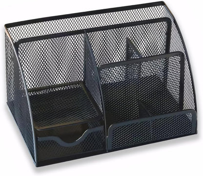 Desk Organizer with Drawer and Compartments, Small Mesh Office Desk Accessories Supplies, Metal Black Stationary Pencil Pen Holder for desk organizers and storage (Black)