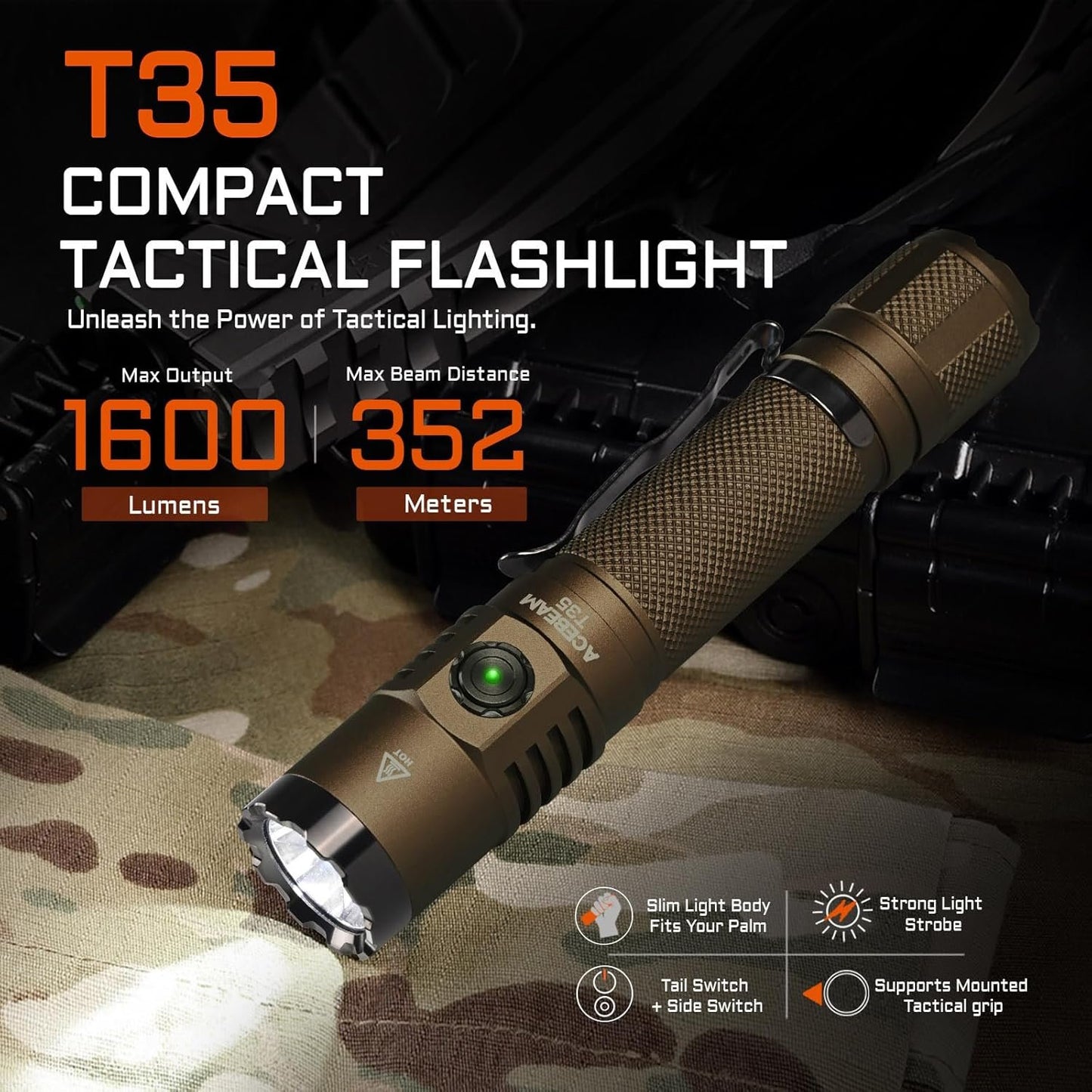 ACEBEAM T35 Tactical EDC Flashlight Gifts for Men, 1600 High Lumens Flashlight Rechargeable, Dual Switches Tactical Flashlight, Super Bright Pocket LED Flashlight for Emergency, Camping, T35-C-5000K