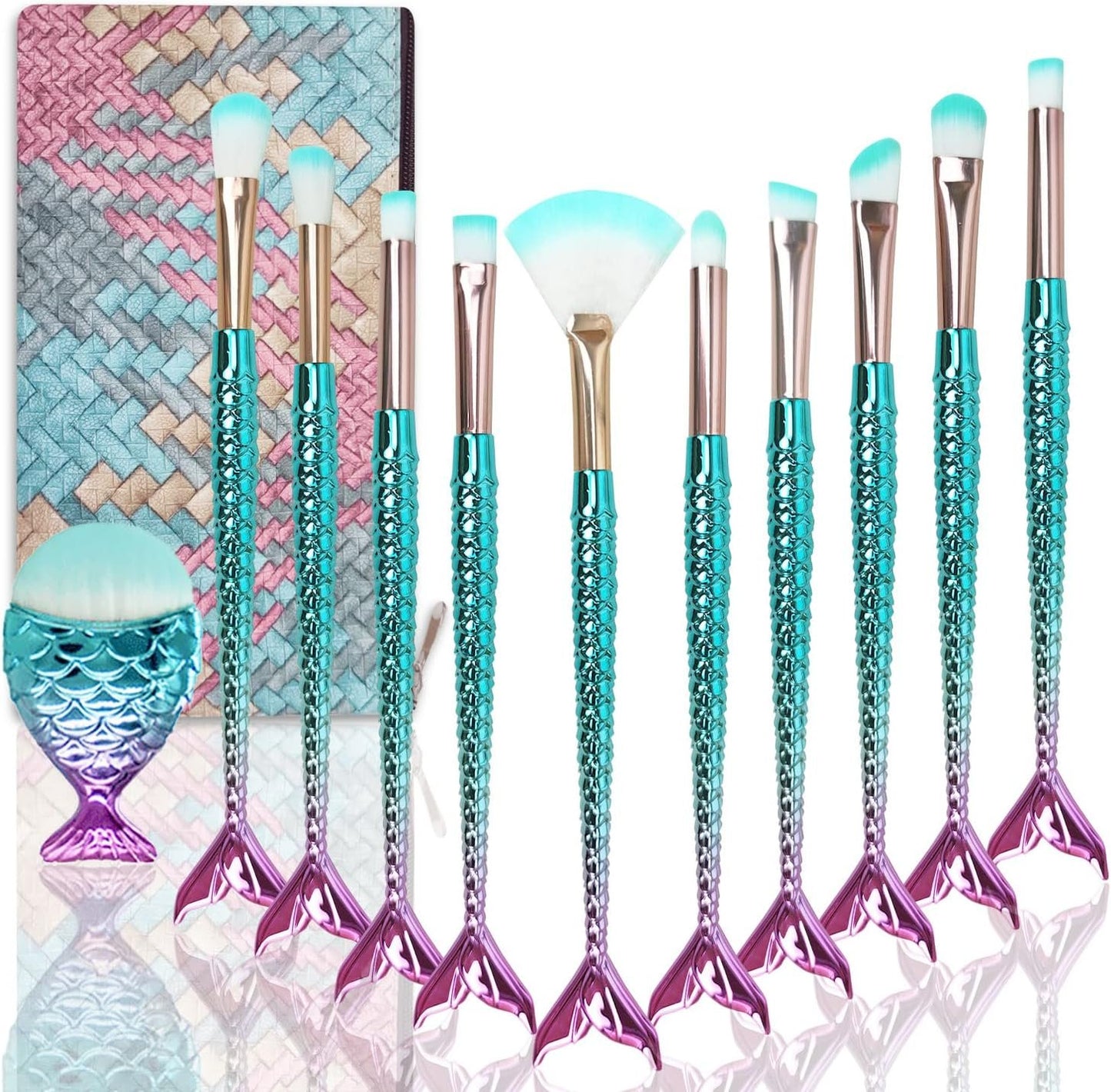 Mermaid Makeup Brushes Set, NIZIYI 11PCS Make Up Foundation Powder Cream Eyebrow EyeShadow Eyeliner Lip Blush Concealer Kabuki Beauty Brushes with Bag for Girls Toys Christmas & Birthday