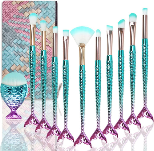 Mermaid Makeup Brushes Set, NIZIYI 11PCS Make Up Foundation Powder Cream Eyebrow EyeShadow Eyeliner Lip Blush Concealer Kabuki Beauty Brushes with Bag for Girls Toys Christmas & Birthday
