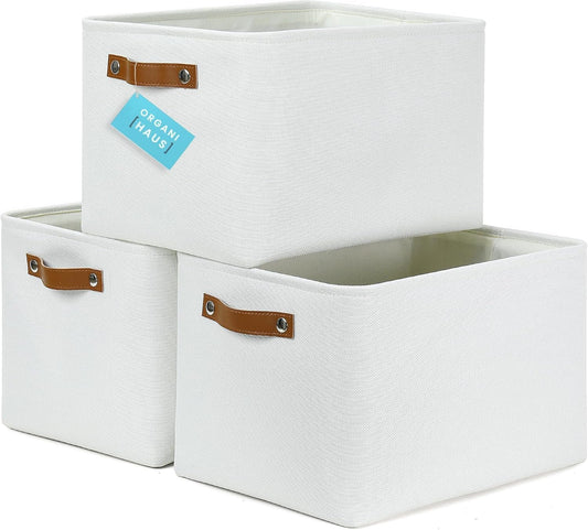 OrganiHaus Large Fabric Storage Baskets for Shelves 3 Pack, 15x11in Closet Storage Bins for Shelves, Cloth Baskets, Fabric Storage Cubes, Linen Closet Organizers, Fabric Basket, White Basket