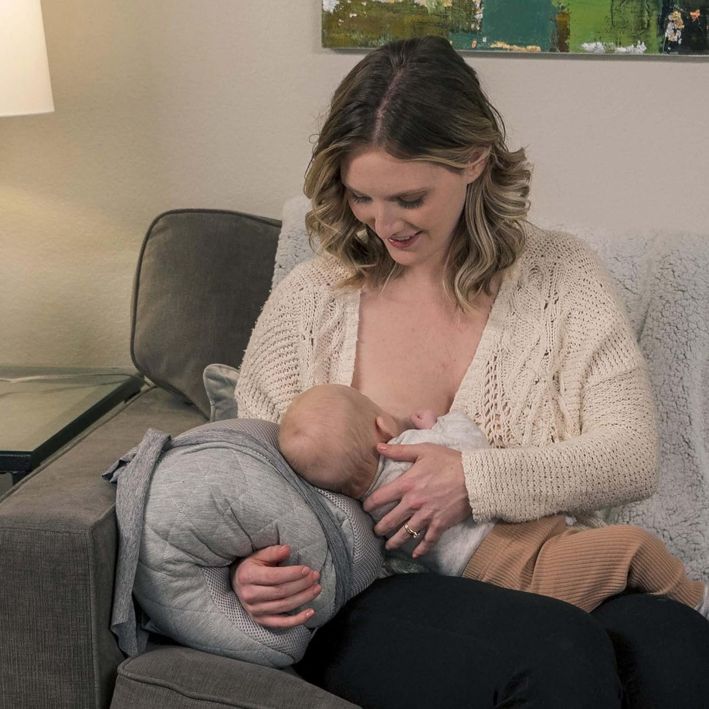 Boppy Anywhere Support Nursing Pillow, Soft Gray Heathered with Stretch Belt That Stores Small, Breastfeeding and Bottle-Feeding Support at Home and for Travel, Plus Sized to Petite, Machine Washable