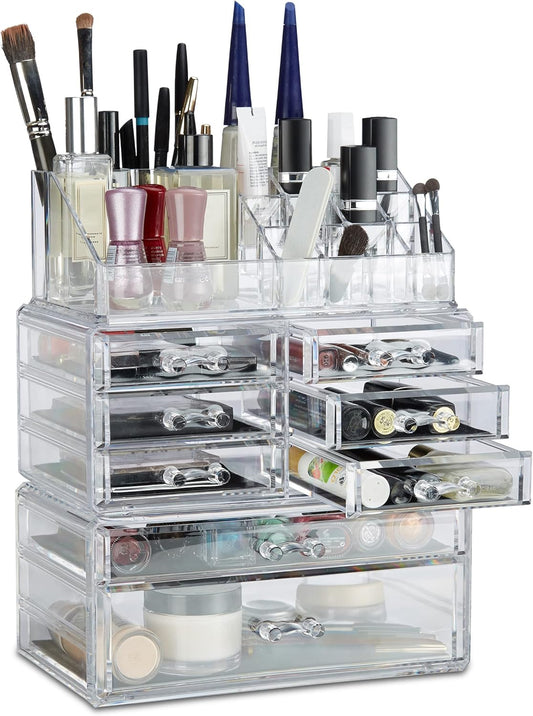 Relaxdays Make-Up Organiser with Drawers, Make-Up Holder and Accessories, Acrylic, Transparent