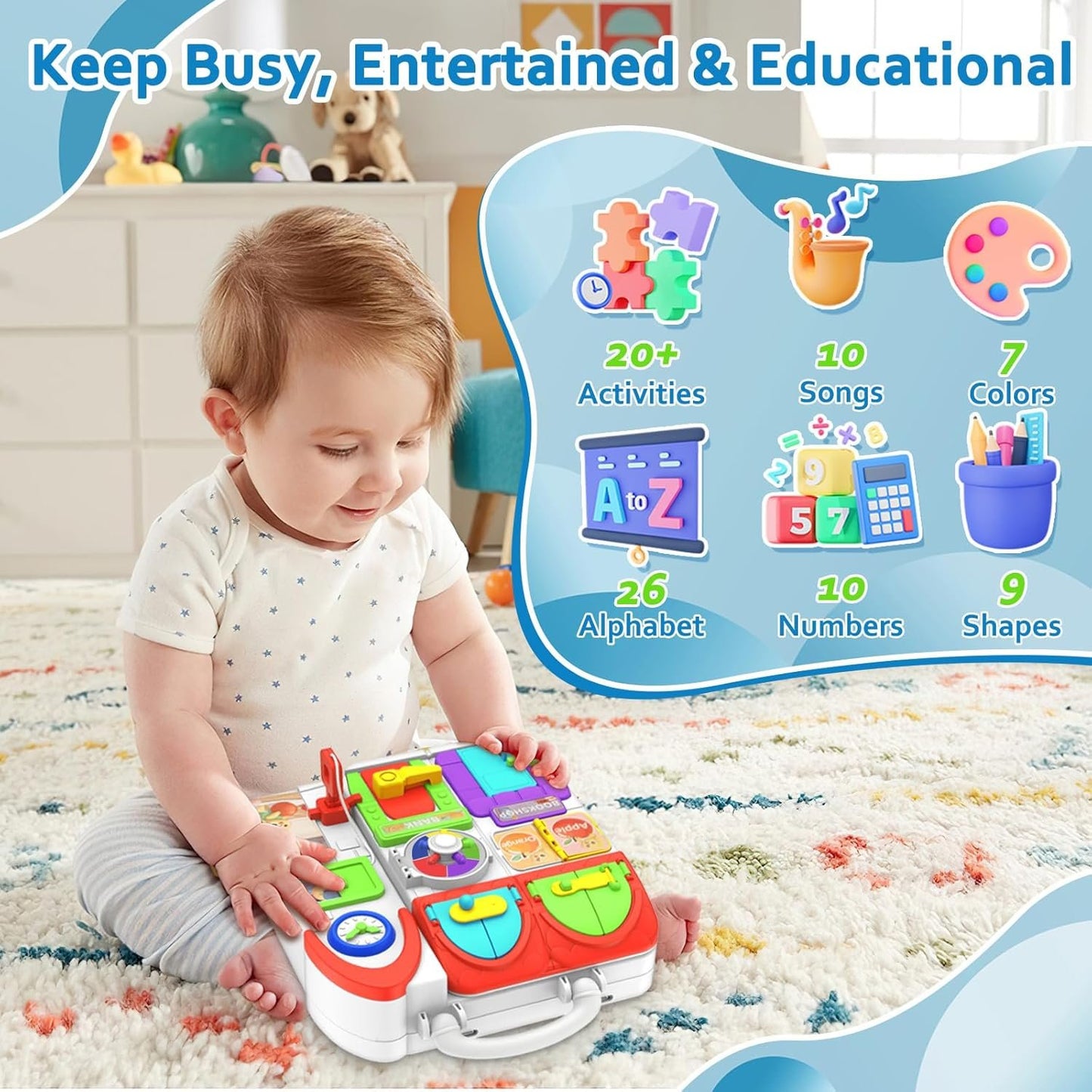 Montessori Busy Board for Toddlers 1-3 with Music, 20+ Activity Toddler Educational Toys Age 1-2, Learning Toy for 1 2 3 Year Old Boy Girl Christmas Birthday Gift