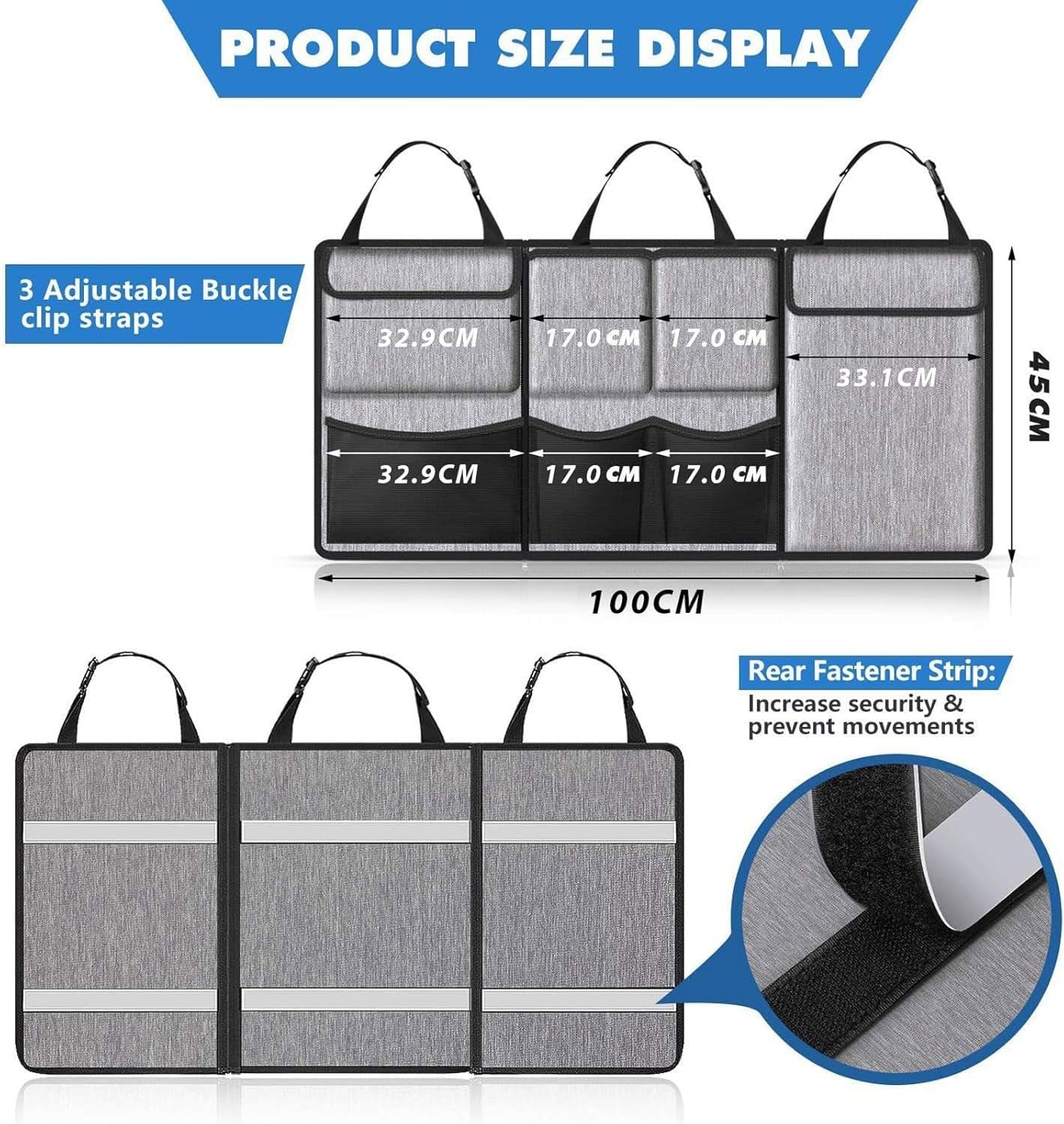 Large Capacity Car Trunk Suspension Organization Storage Bag - Waterproof, Detachable & Foldable - Suitable for SUVs and Jeeps - 7 Pockets - Gray & Black - Durable Oxford Cloth (Grey)