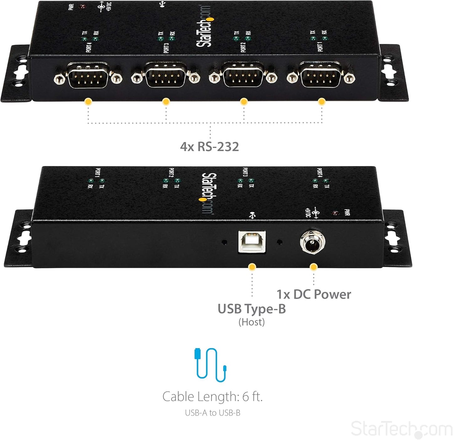 StarTech.com USB to DB9 RS232 4 Port Serial Adapter Hub - Industrial and Wall Mountable DIN Rails - COM Port Retention - USB to DB9 RS232 Hub (ICUSB2324I)