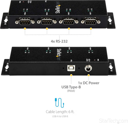 StarTech.com USB to DB9 RS232 4 Port Serial Adapter Hub - Industrial and Wall Mountable DIN Rails - COM Port Retention - USB to DB9 RS232 Hub (ICUSB2324I)