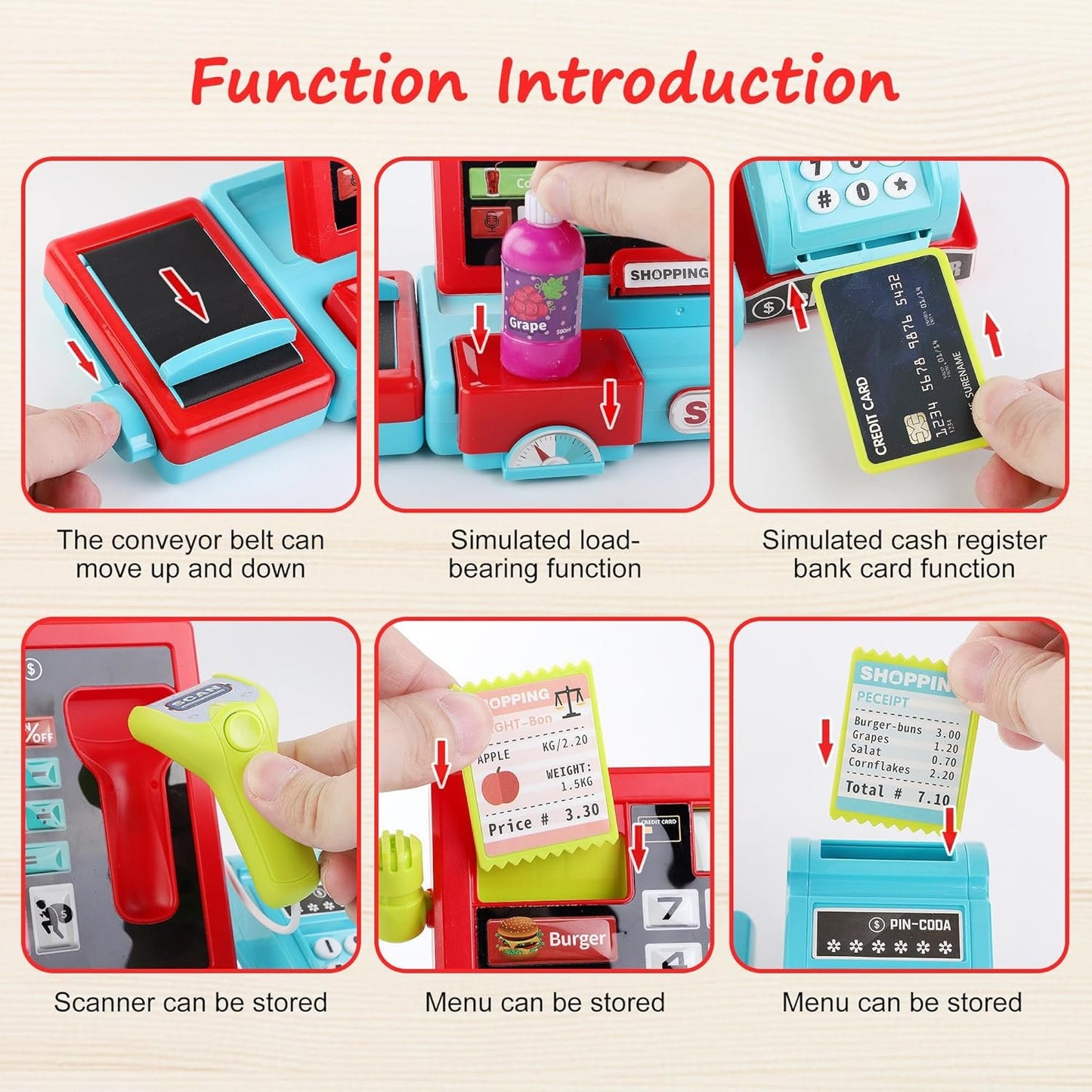 PanKome Cash Register Toys for Kids - Interactive Pretend Play Grocery Store Set with Calculator, Scanner, Food, Microphone, Educational Learning Toy for Toddler Boys and Girls 3 4 5 6 7 8 Year Old