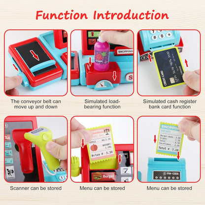 PanKome Cash Register Toys for Kids - Interactive Pretend Play Grocery Store Set with Calculator, Scanner, Food, Microphone, Educational Learning Toy for Toddler Boys and Girls 3 4 5 6 7 8 Year Old