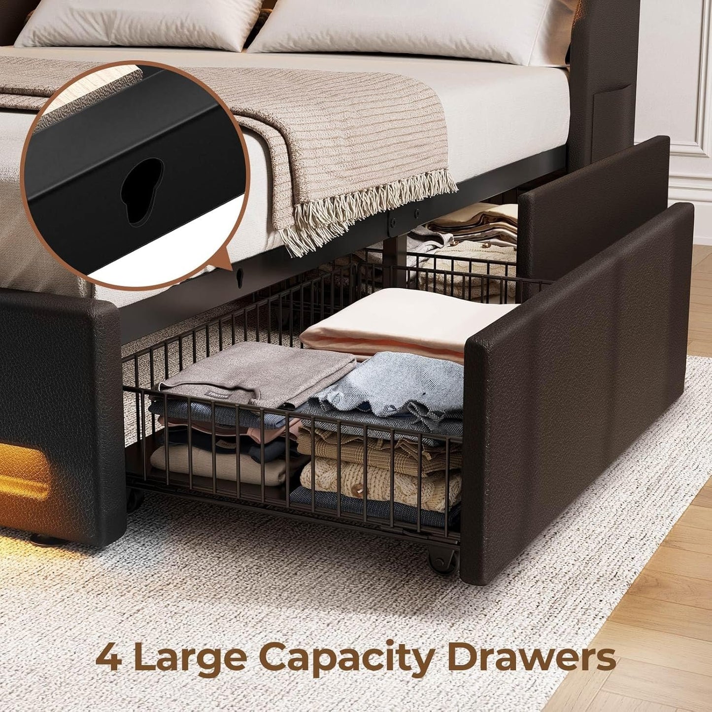 Rolanstar Queen Bed Frame with 4 Storage Drawers, Charging Station and LED Lights, Upholstered PU Leather Platform Bed with Heavy Duty Wooden Slats, No Box Spring Needed, Noise Free, Easy Assembly