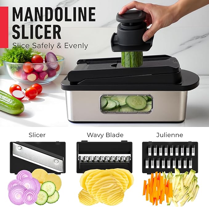 Mueller Pro-Series 10-in-1, 8 Blade Stainless Steel Multi Vegetable Chopper And Mandoline Slicer, Kitchen Tools and Gadgets, Food and Veggie Chopper, Mincer, Dicer, French Fry Cutter, Black