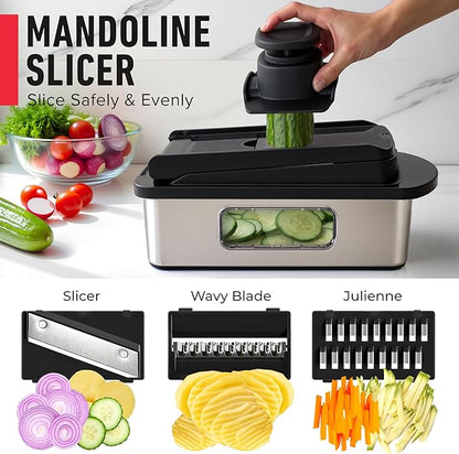 Mueller Pro-Series 10-in-1, 8 Blade Stainless Steel Multi Vegetable Chopper And Mandoline Slicer, Kitchen Tools and Gadgets, Food and Veggie Chopper, Mincer, Dicer, French Fry Cutter, Black