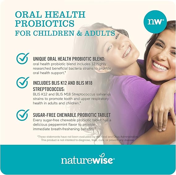 NatureWise Oral Probiotics for Teeth & Gums & Fresh Breath* - Chewable Sugar-Free Mint Tablet - Dental Support for Kids & Adults w/ BLIS K12 & M18 - Non-GMO - 50 Count[50-Day Supply]