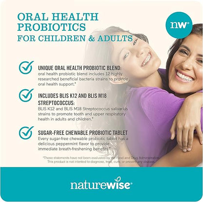 NatureWise Oral Probiotics for Teeth & Gums & Fresh Breath* - Chewable Sugar-Free Mint Tablet - Dental Support for Kids & Adults w/ BLIS K12 & M18 - Non-GMO - 50 Count[50-Day Supply]