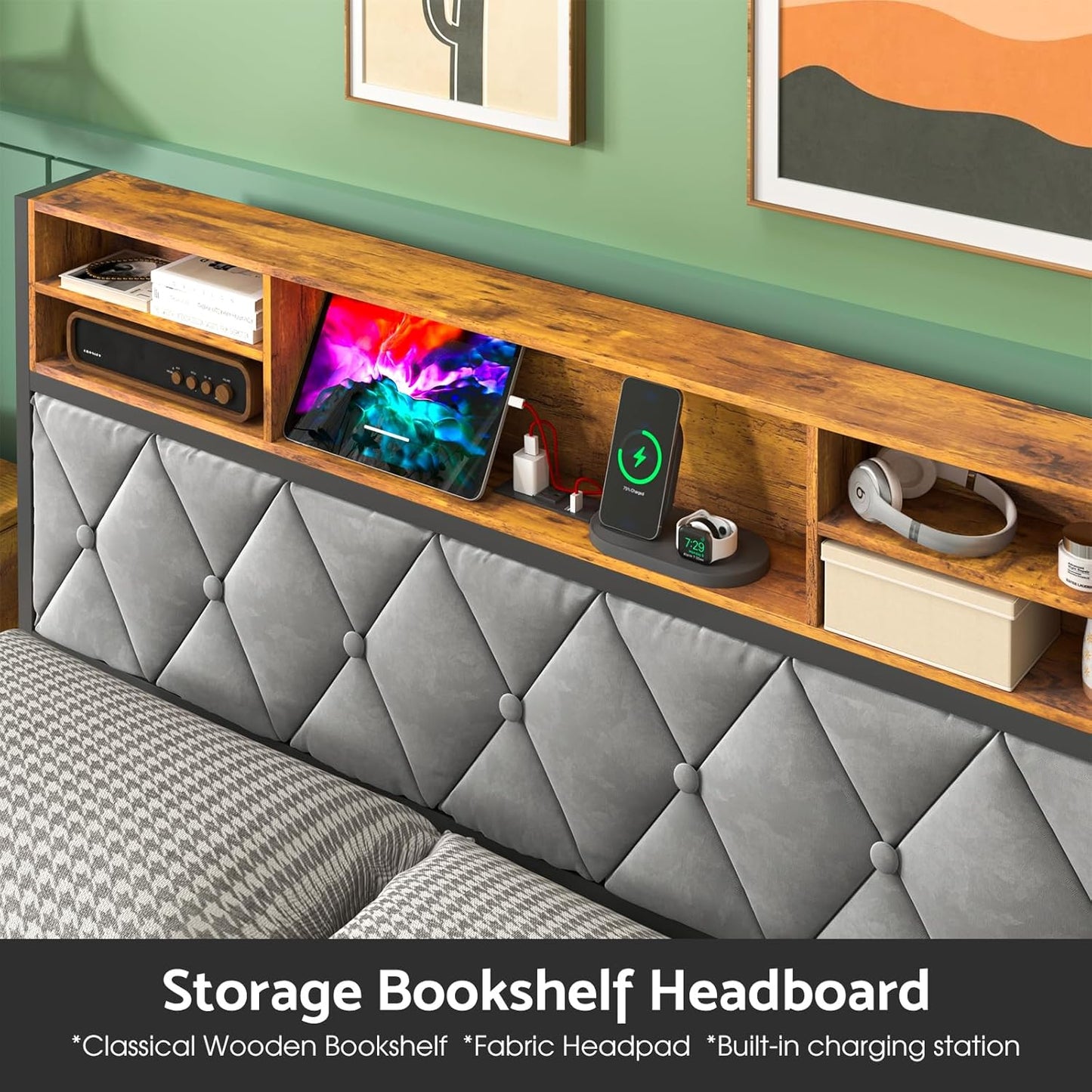 Ufurniture Double Bed Frame Industrial, Mattress Base with 4 Storage Drawers, USB Ports and Storage Headboard