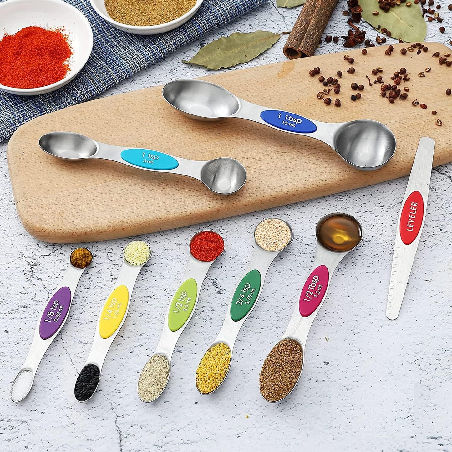 Magnetic Measuring Spoons Set, 7 Measuring Spoons and Cups 1 Leveler Stainless Steel Dual Sided Stackable Teaspoon for Liquid and Dry Ingredients