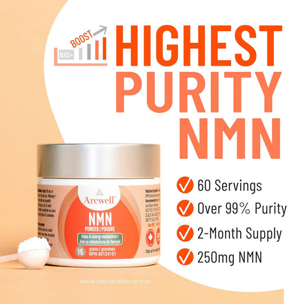 Arcwell Micronized NMN (Nicotinamide Mononucleotide) Powder | 250 mg per Scoop | NAD+ Supplement | Source of Niacin, Vitamin B3 | Supports Cellular Health & Energy Production (15 g, 60 servings)