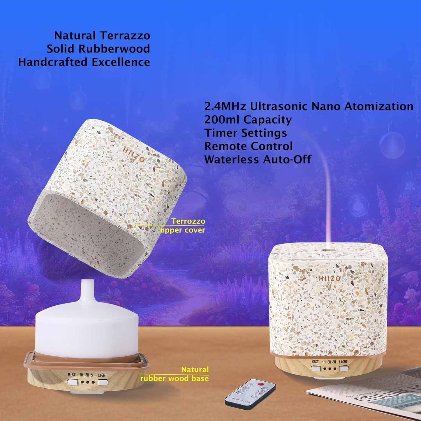 HIIZO T18 Terrazzo Aroma Diffuser – Luxury Ultrasonic Diffuser with Handcrafted Terrazzo, Stone Diffuser, LED Light Modes, 200ml Tank, Nano Mist, Auto Shut-Off, for Home Decor and Gifts