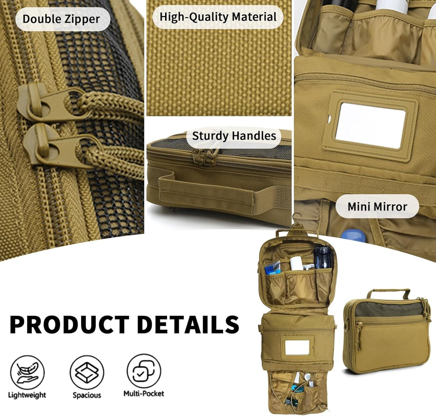 SMONT Mens Toiletry Travel Bag With Double Side full Open Design Travel Toiletry Organizer Dopp Kit Shaving Hygiene Bag Bathroom Hanging Toiletry Bag for Short Trips Tactical Toiletry Bag, Khakiï¼ˆNo