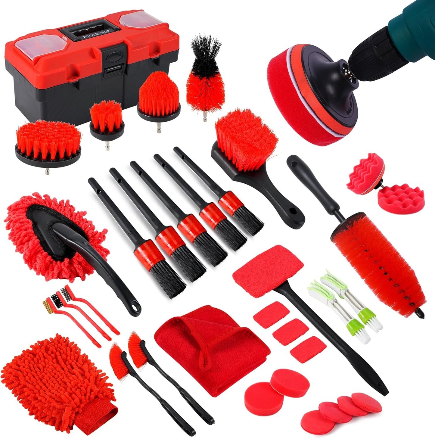 35Pcs Car Detailing Kit, Drill Brush Attachments with Detailing Brush Set and Tools Box, Red Auto Cleaning Kit Interior for Wheels, Dashboard, Windows (B：35PCS-R)