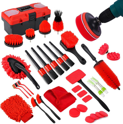 35Pcs Car Detailing Kit, Drill Brush Attachments with Detailing Brush Set and Tools Box, Red Auto Cleaning Kit Interior for Wheels, Dashboard, Windows (B：35PCS-R)