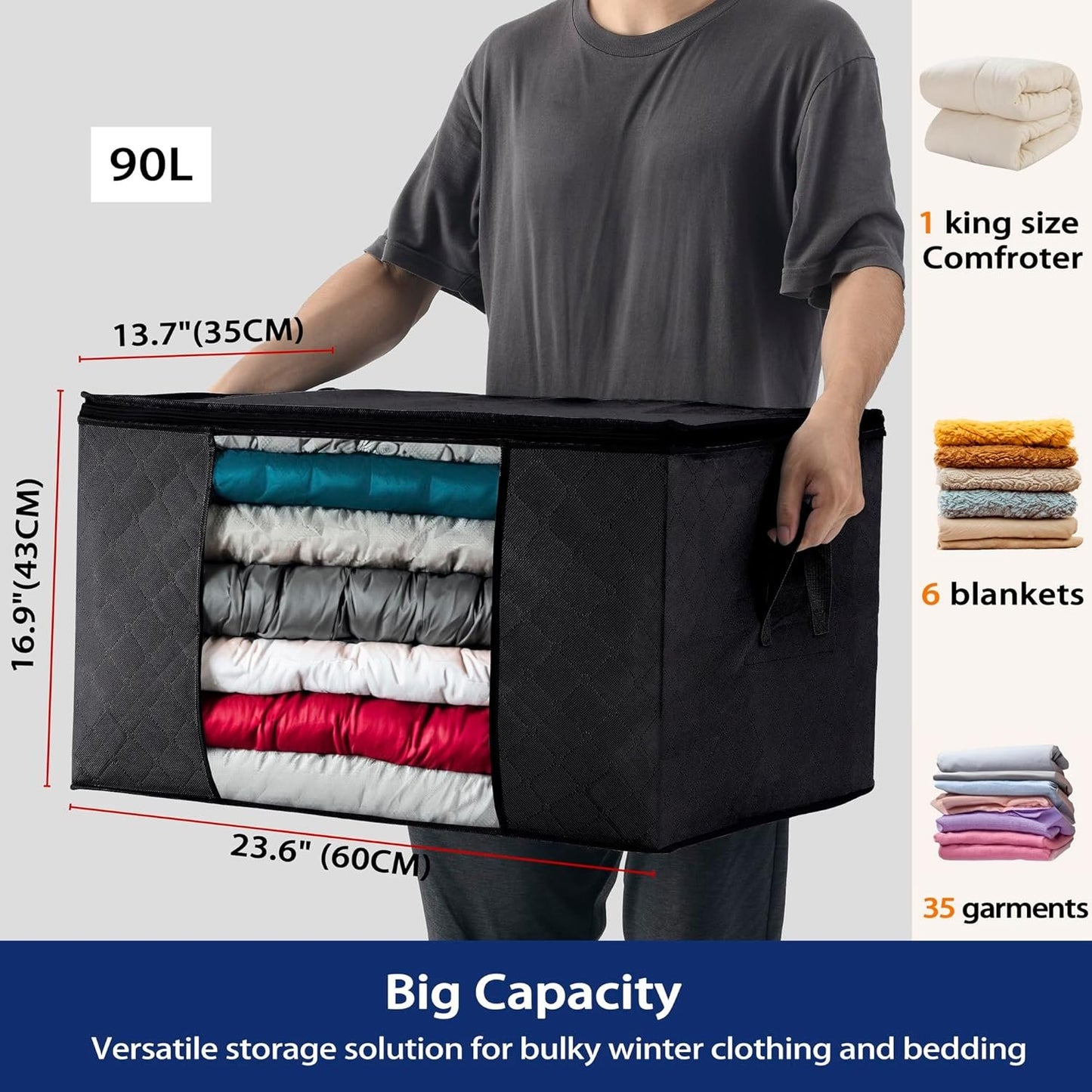 Storage-Bags-for-Clothes Bedding Storage Containers with Zipper Lids, Closet Collapsible Clothing Bins for Linen Blanket, 6 Pack, 90L, Black