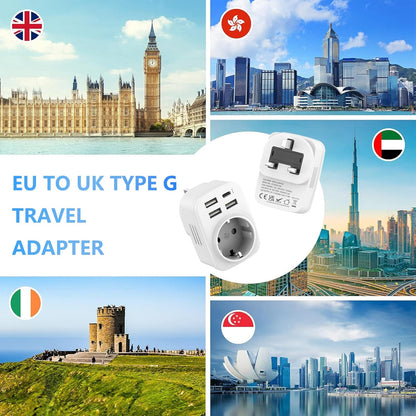 5 in 1 UK Plug Adapters, Clomnpe 2x UK Travel Adapter with 4 USB Ports, UK Italian Plug to Type G Sockets, UK Ireland, Dubai, Maldives, Malaysia, Hong Kong